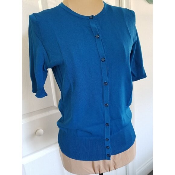 Ann Taylor Petite Women Blue Short Sleeve Button Down Knit Sweater Top Sz XSP - Picture 1 of 16